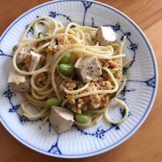 豆腐と枝豆、ひきわり納豆パスタ